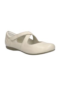 Zapato Mary Jane de cuero color crema con diseño de tiras cruzadas y detalles recortados, que presenta una punta redondeada y una suela de goma baja.
