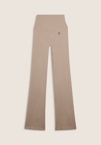 Pantaloni elasticizzati beige con vita alta, design bootcut e un dettaglio ad accentuazione circolare sul retro. Texture liscia e cuciture pulite.