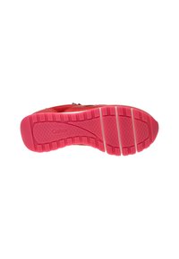 Red leather shoe with a textured pink rubber sole, featuring a tread pattern and branding. Includes multiple grooves for flexibility.