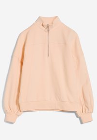 Persikka-collegepaita, jossa on korkea kaulus, puoliveto ja tilavat hihat. Valmistettu pehmeästä kankaasta, jossa on ribbitetut hihansuut ja rento istuvuus.