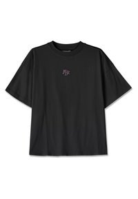 T-shirt oversized preto feito de algodão. Apresenta um decote redondo e mangas curtas. Inclui um pequeno logo roxo na parte da frente.