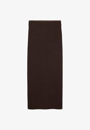 Brown knitted midi skirt with a body-hugging fit, smooth texture, no visible patterns, and a simple, clean design without embellishments.