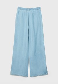 Pantaloni in denim azzurro chiaro a gamba larga con vita elastica, caratterizzati da una superficie liscia e da un design semplice e privo di decorazioni.