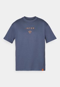 Marineblå bomulls t-skjorte med korte ermer, med oransje "INTER" tekst og logo på brystet, samt et lite oransje merke ved kanten.