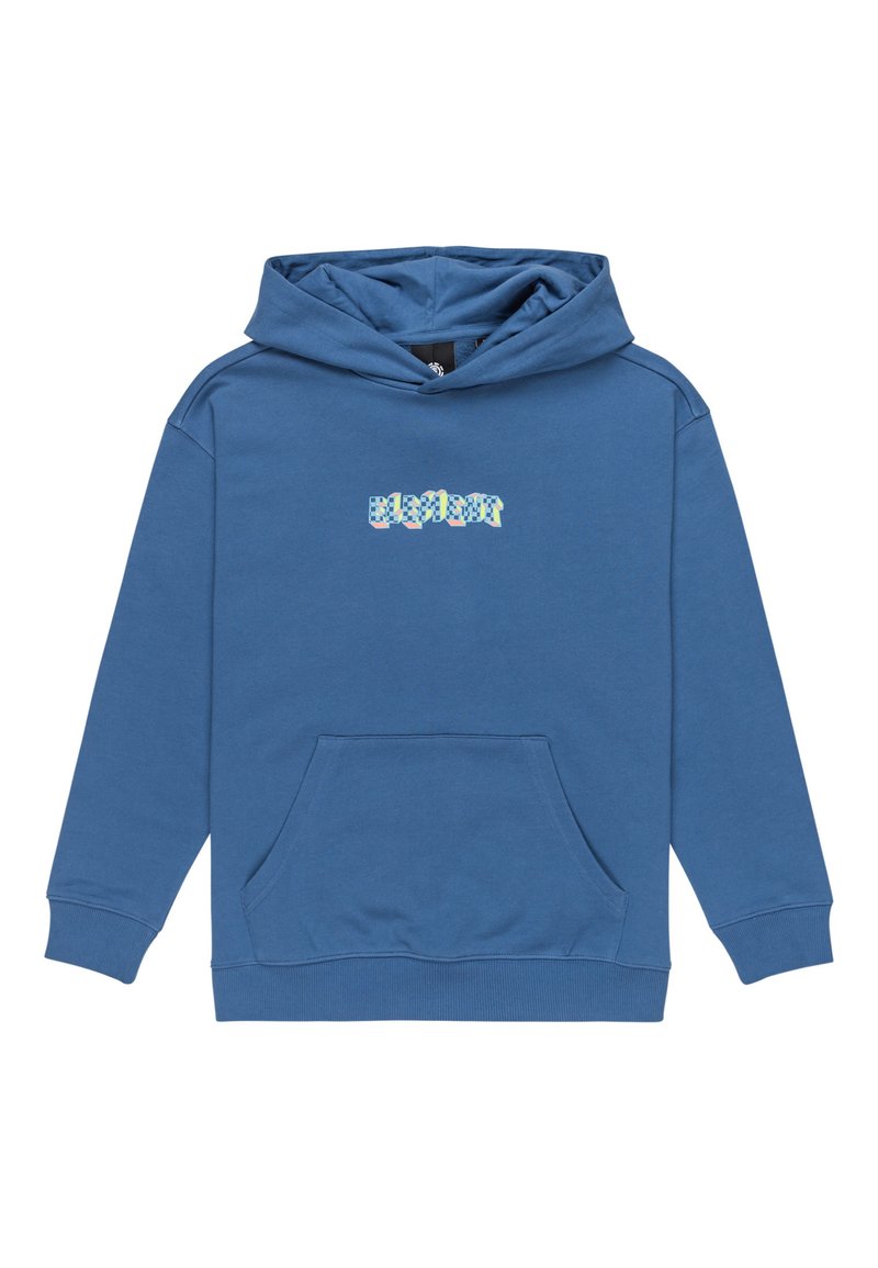 Felpa blu con cappuccio e tasca anteriore, caratterizzata da un design del logo variopinto e a scacchi sul petto. Tessuto morbido e polsini a coste.