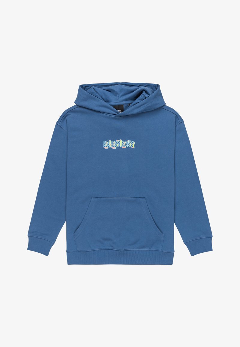 Felpa blu con cappuccio e tasca anteriore, caratterizzata da un design del logo variopinto e a scacchi sul petto. Tessuto morbido e polsini a coste.