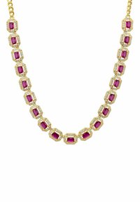 Gold chain necklace featuring octagonal deep pink stones surrounded by clear crystal accents, showcasing a symmetrical and polished design.
