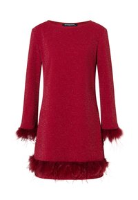 Rotes Glitzerkleid mit Bootsausschnitt, langen Ärmeln und Federakzenten an den Ärmelbündchen und dem Saum. Glatte Textur mit einer taillierten Silhouette.