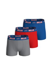 Three pairs of men's boxers: gray, red, and blue. Each features an elastic waistband with "BILLS" logo and team emblem. Smooth fabric, classic fit.