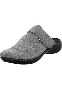 Gray felt slip-on shoe with a textured silver accent, adjustable strap, and a black rubber sole, designed for comfort and ease of wear.