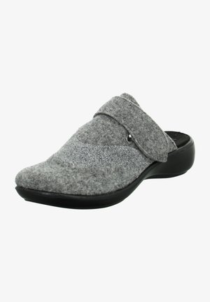 Gray felt slip-on shoe with a textured silver accent, adjustable strap, and a black rubber sole, designed for comfort and ease of wear.