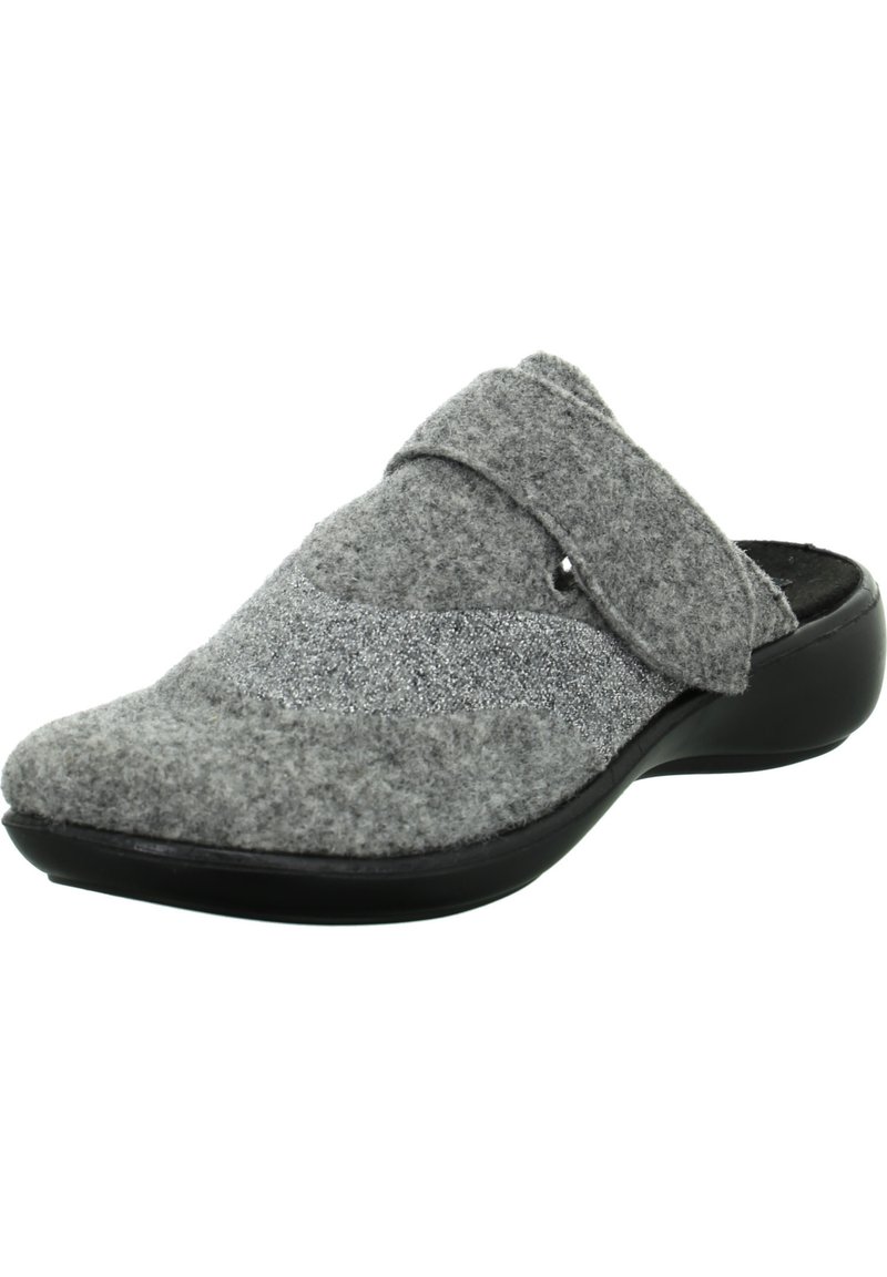 Gray felt slip-on shoe with a textured silver accent, adjustable strap, and a black rubber sole, designed for comfort and ease of wear.