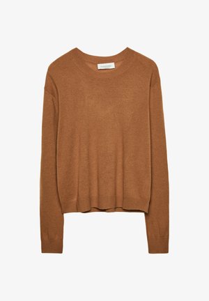 Brązowy sweter dzianinowy z długim rękawem, okrągłym dekoltem oraz ściągaczami na rękawach i u dołu, oznaczony marką Stradivarius.