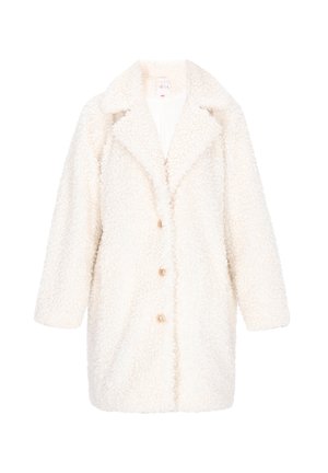 Cappotto sherpa color crema a maniche lunghe con ampio colletto e tre bottoni frontali, mostrato in piano su uno sfondo bianco.