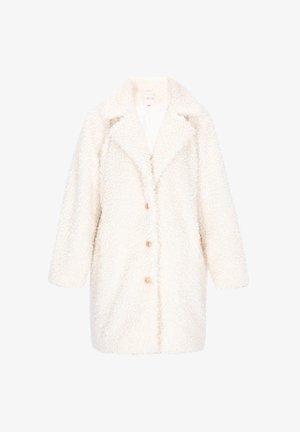 Cream-colored, long-sleeve sherpa coat with wide collar and three front buttons, shown flat on a white background.