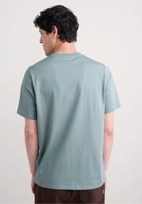 T-shirt di cotone verde chiaro con colletto a girocollo, maniche corte e vestibilità rilassata, mostrata dal retro, caratterizzata da una texture liscia.