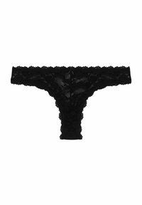 Svart tångtrosa i spets med blommönster, vågiga kanter och en liten rosett framtill, gjord av mjukt, tunt tyg.