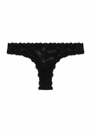 Black lace thong featuring floral patterns, scalloped edges, and a small black bow accent at the front center. Soft, sheer texture.
