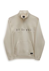 Felpa beige con colletto a mezza zip, tasca frontale e testo "OFF THE WALL" in marrone scuro sulla parte anteriore. Texture liscia, design casual.