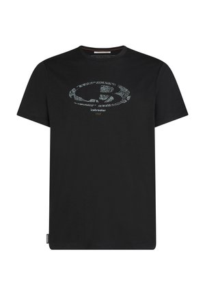 Black t-shirt made of cotton with a round neckline. Features a light blue circular logo design with detailed line patterns.