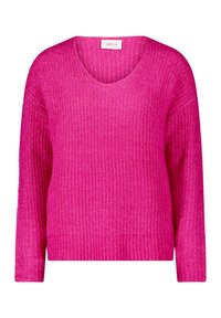 Fuchsia stickad tröja med V-ringning, långa ärmar och ribbad struktur. Har en rak fåll och en avslappnad passform. Mjuk materialfinish.