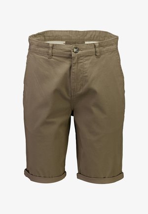 Braune Chino-Shorts mit Gürtelschlaufen, Knopfverschluss, umgeschlagenen Säumen und sichtbaren Vordertaschen.