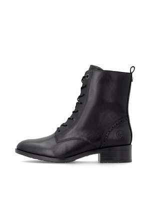 Black leather lace-up ankle boot with low heel and pull tab on back, side decorative stitching, and logo near heel.