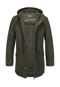 Olivgrüner Wollmischungs-Mantel mit einem Reißverschluss vorne, Kapuze, zwei vorderen Taschen und Knopfdetails. Innenfutter aus kontrastierendem Stoff mit Logo.