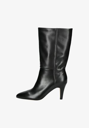 Black leather knee-high boot with a pointed toe, slim silhouette, and a moderate heel. Smooth texture with a glossy finish.