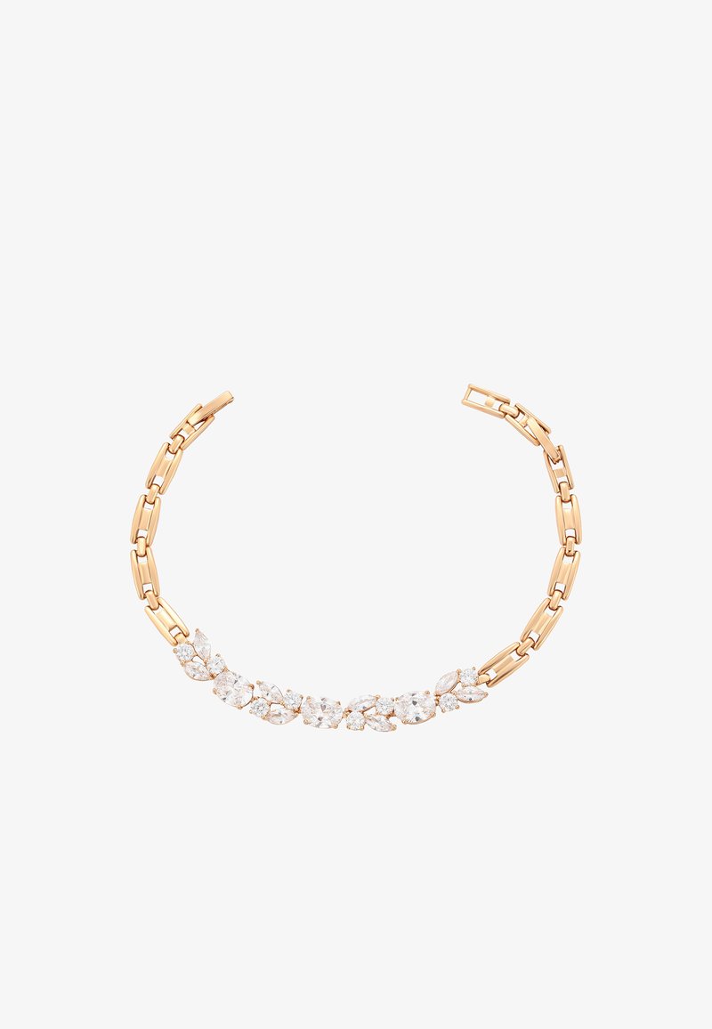 Collana in tonalità oro con design a catena e grandi cristalli trasparenti disposti a forma di foglia, texture liscia e finitura lucida.