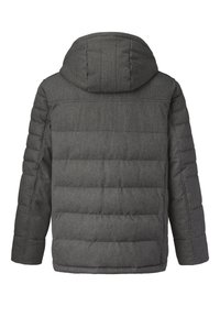 Veste d'hiver matelassée gris foncé avec capuche, vue de dos, présentant un matelassage horizontal et des manches longues.