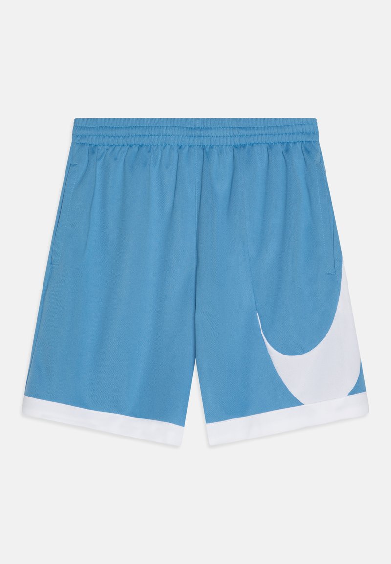 Pantalones cortos deportivos azules con una cinturilla elástica. Presenta un diseño de media luna blanca y un ribete blanco en el dobladillo. Fabricado con un tejido ligero.