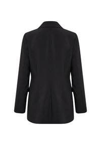 Schwarzer maßgeschneiderter Blazer mit klassischem Kragen, langen Ärmeln und glatter Textur, der eine strukturierte Passform und einen Rückenschlitz aufweist.