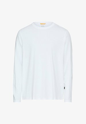 Weißes Langarmshirt aus weicher Baumwolle, mit rundem Ausschnitt und kleinem Logo auf der Brust. Schlichte, glatte Textur.