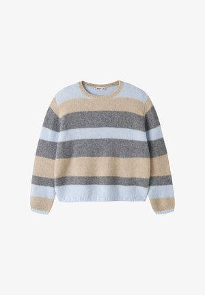 Pull col rond avec larges rayures horizontales beige, gris et bleu clair, manches longues, poignets et ourlet côtelés.