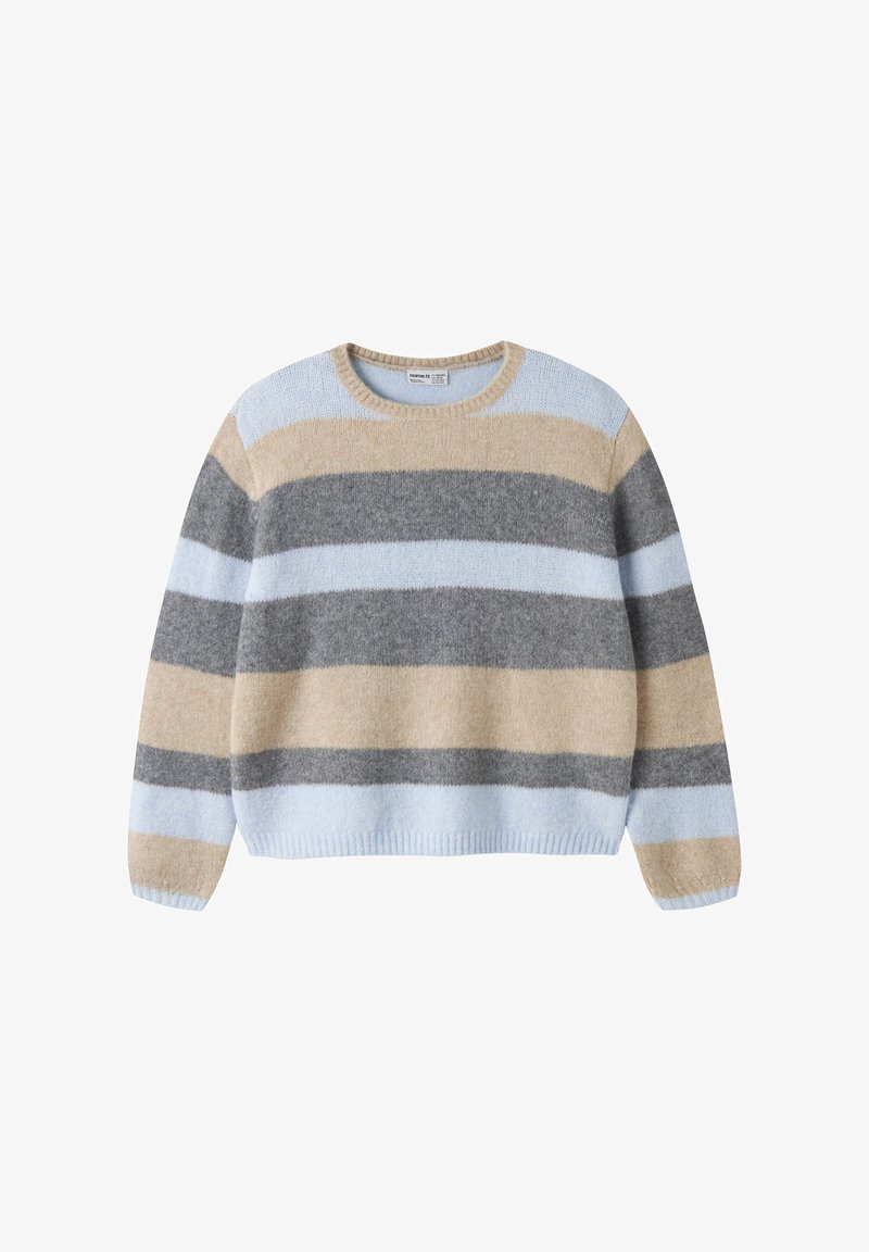 Pull col rond avec larges rayures horizontales beige, gris et bleu clair, manches longues, poignets et ourlet côtelés.