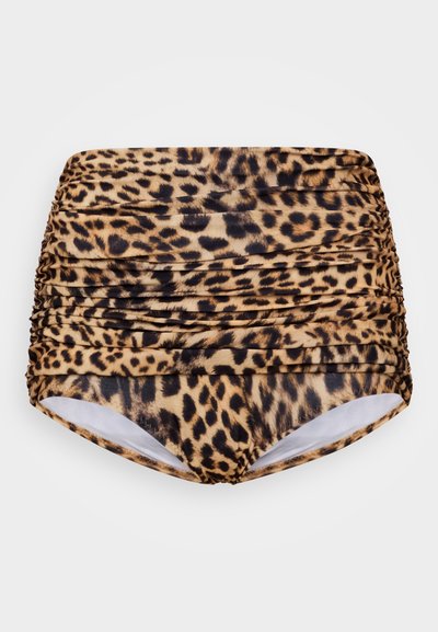 Hooggetailleerde bikinionderkant van zachte stof met een luipaardprint, voorzien van geplooide details en een gladde binnenvoering.