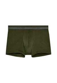 Olive zielone bokserki wykonane z miękkiej bawełny, z szarą elastyczną talią z logo marki "HOM". Gładka faktura i dopasowany krój.