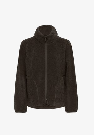 Fleece jacket in dark gray, featuring a high collar, full zipper, and two side pockets with rounded edges. Soft, textured fabric.
