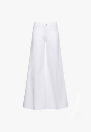 Pantaloni bianchi a gamba larga con vita alta, bottone frontale, chiusura con cerniera e tasche anteriori e posteriori.