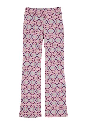 Geprinte flared broek met een diamantpatroon in paars, roze en lichtblauwe tinten, gemaakt van een zachte stof met een comfortabele tailleband.
