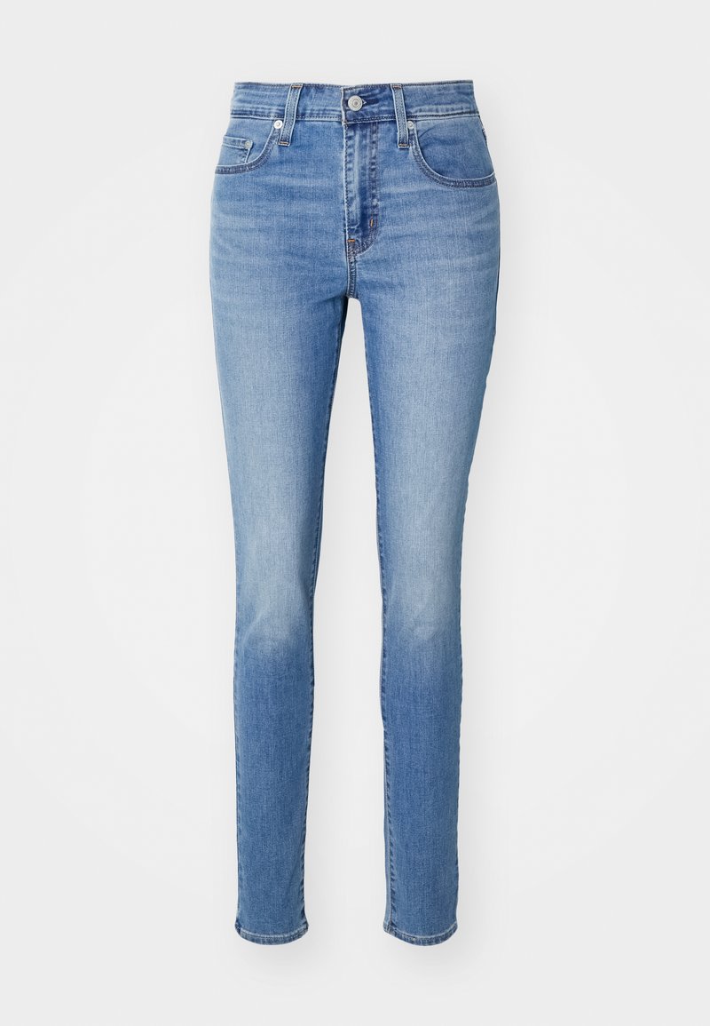 Hellblaue Denim-Jeans mit hoher Taille, schmaler Passform, fünf Taschen und einem dezenten, ausgewaschenen Finish an den Oberschenkeln.