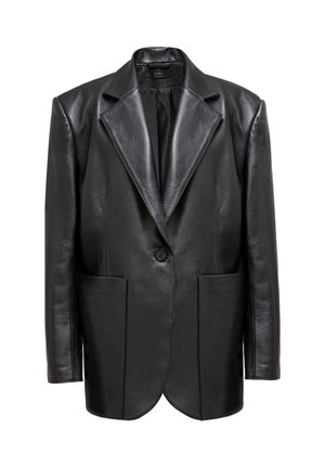 Czarny skórzany blezer z jednym guzikiem, z klapami z wycięciem i dwoma przednimi kieszeniami naszywanymi.