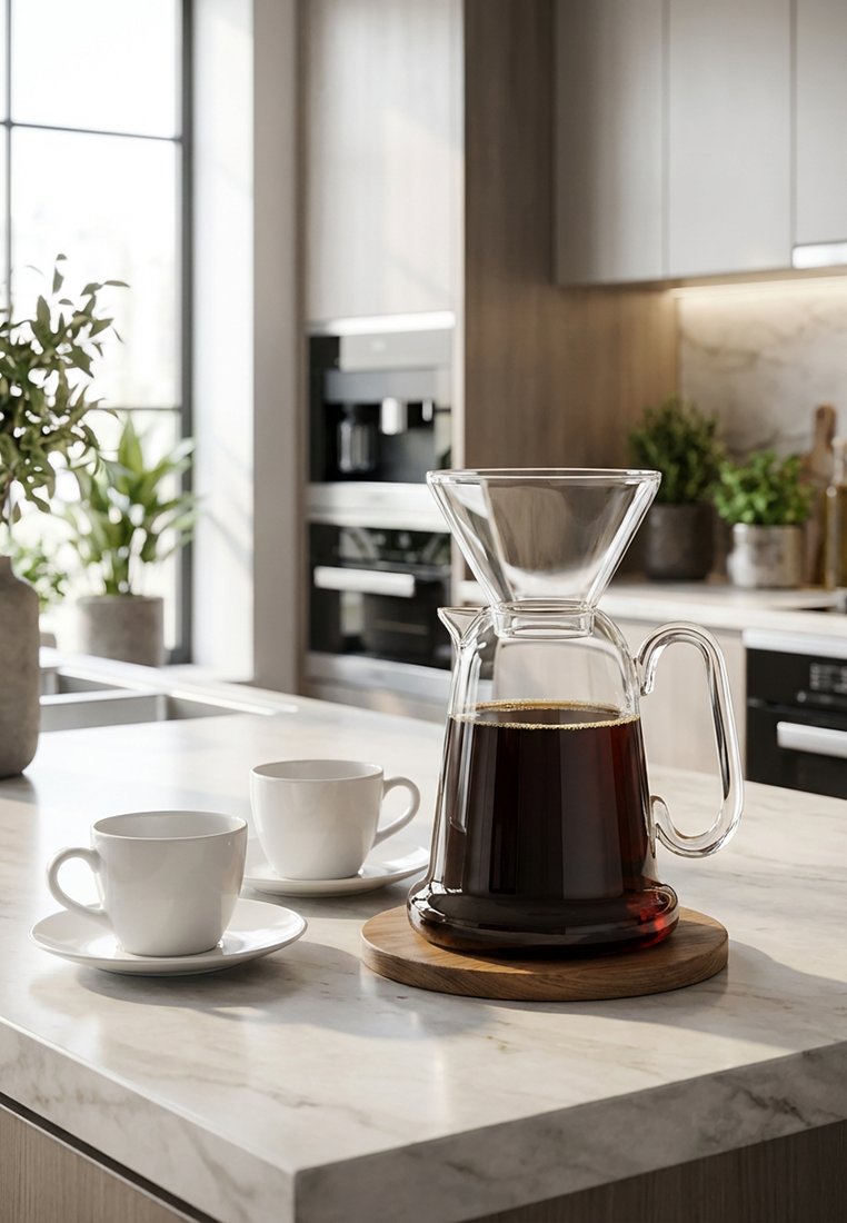 Szklany dzbanek do kawy z ciemną kawą na drewnianym podkładce, dwie białe filiżanki z podstawka na marmurowej wyspie kuchennej, w tle nowoczesna kuchnia.