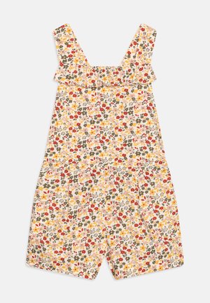 Blomstret romper i pastelnuancer med flæsekrave, korte ben, en tætsiddende overdel og et let stof.