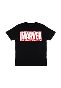 Černé bavlněné tričko s výrazným, kapajícím červeným logem "MARVEL" na přední straně. Krátké rukávy a design s kulatým výstřihem.