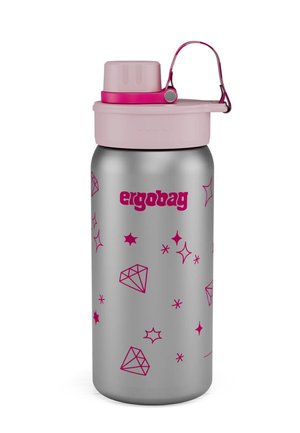 Stainless steel water bottle with a pink lid and strap. Features purple diamond and star designs, with "ergobag" logo in pink text.