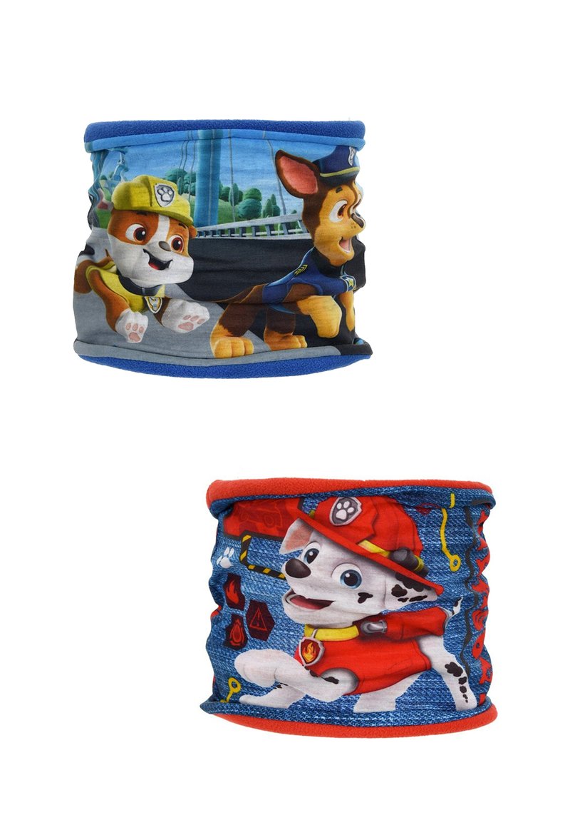 Twee nekwarmers voor kinderen. Boven: fleece met blauwe afwerking, met tekenfilmhonden op een zwarte achtergrond. Onder: fleece met rode afwerking, afgebeeld met een hond in een brandweermanoutfit.