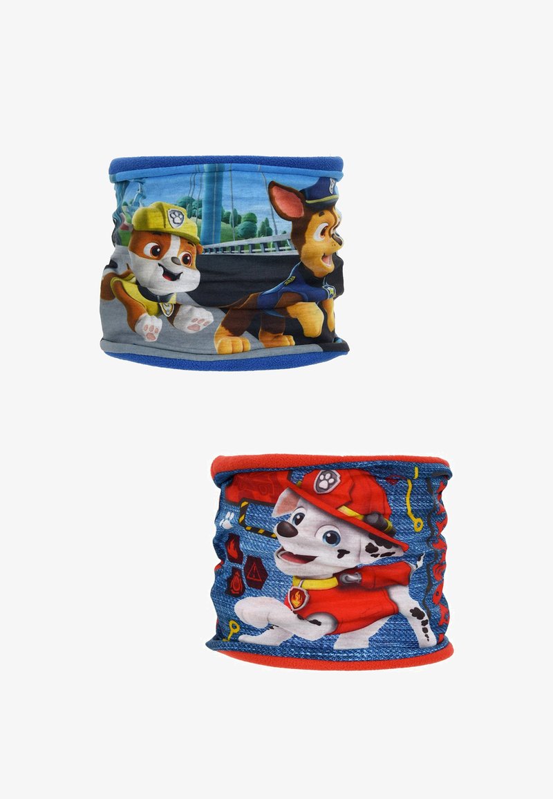 Twee nekwarmers voor kinderen. Boven: fleece met blauwe afwerking, met tekenfilmhonden op een zwarte achtergrond. Onder: fleece met rode afwerking, afgebeeld met een hond in een brandweermanoutfit.