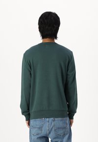 Sweatshirt de un color verde închis, cu gât circular, manșete și tiv acoperite cu nervuri. Partea din spate prezintă o textură netedă, cu detalii minime. Este purtat cu blugi de culoare albastră deschisă.